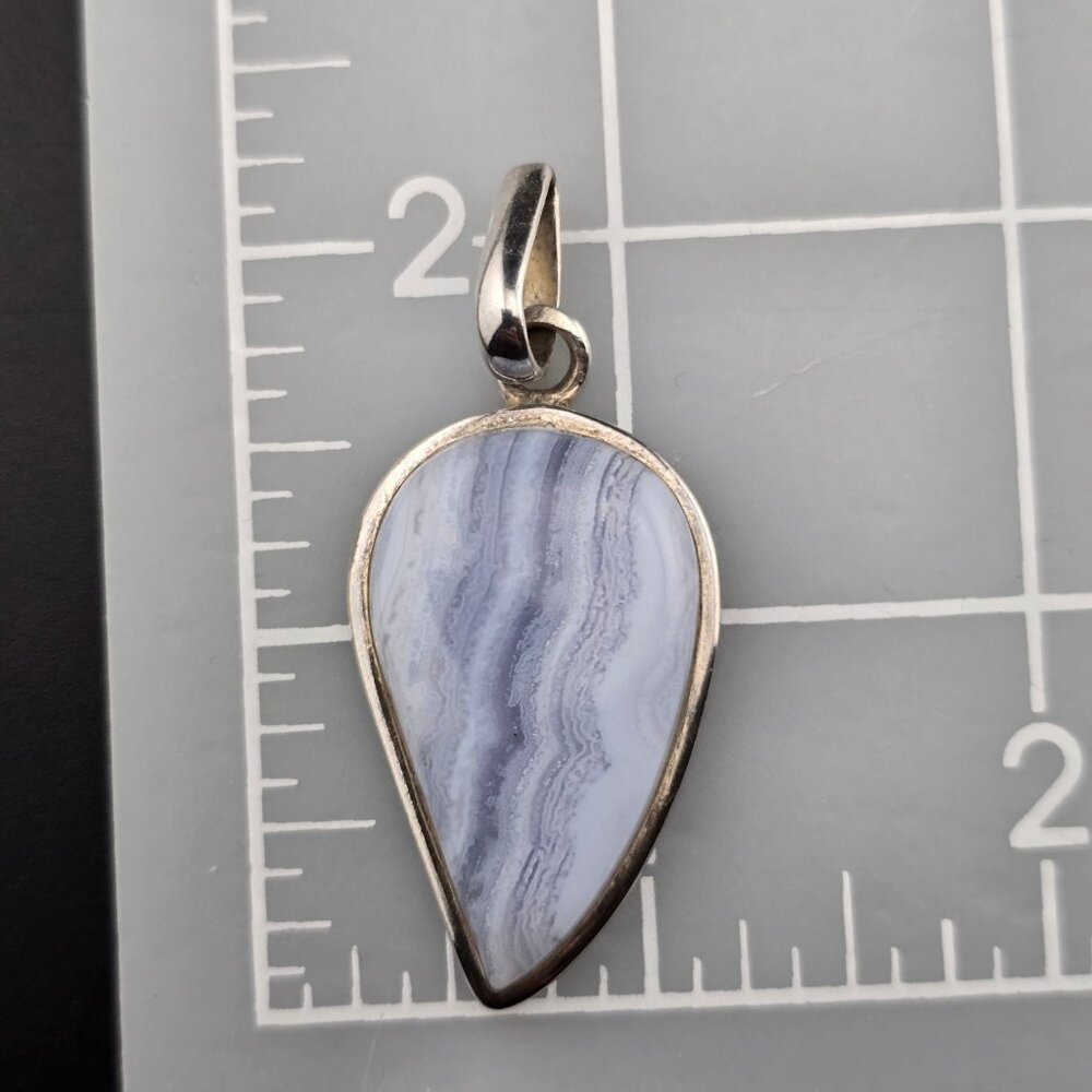 Blue Lace Agate Teardrop Pendant In 925 Sterling Silver Artisan Design 2 Inches - Picture 3 of 9